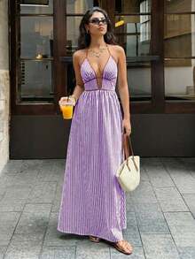 Halter Neck Striped Backless Dress Available In Multiple Colors - Purple - View 2
