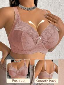 Plus Size Women's Wireless Bra With Floral Print, Breathable Non-Slip Lace Patchwork, Supportive Lift, Adjustable Straps, Seamless For Daily Wear - Apricot - View 5