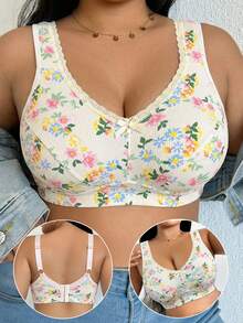 Plus Size Women's Floral Print Wireless Bra, Breathable Non-Slip Supportive Seamless Everyday Bra - Apricot - View 1