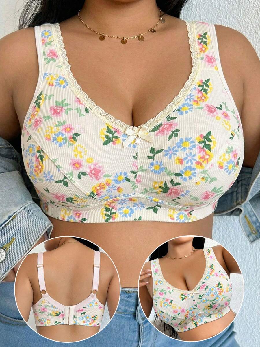 Plus Size Women's Floral Print Wireless Bra, Breathable Non-Slip Supportive Seamless Everyday Bra - Apricot - View 1