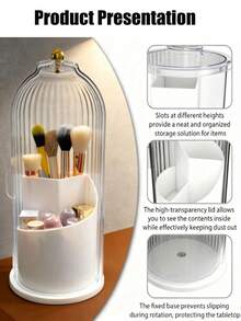 Slide Cover Storage Box, Back-To-School, School Supplies, With Sliding Cover, 3 Compartments Dust-Proof Storage Box, Suitable For Toothbrushes And Makeup Brushes, 360° Rotating White Countertop Dresser Storage, Anti-Slip Drainage Design - Multicolor - View 8