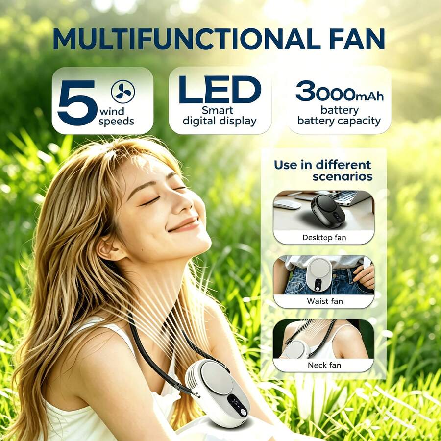 1pc Portable Neck Fan, 3-In-1 Multifunctional USB Rechargeable Fan - Desktop, Neck, Waist Hanging, Mini Handheld Fan With 5 Wind Speed Levels, LED Digital Display, 3000mAh Long-Lasting Battery, Suitable For Indoor And Outdoor Use