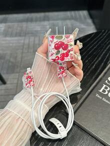 櫻桃與蝴蝶結圖案透明充電器保護殼附線材收納環，適用於 Apple 16/15, 17 Pro Max, 14, 13, 12, 11 - TPU 數據線保護套 - 彩色 - 查看 2