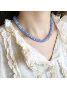 Beaded Gemstone Necklace For Women, Pure Color Boho Bead Choker Natural Stone Surfer Beach Rainbow Beads 18K Gold Plated DIY Handmade Jewelry Charm - 藍色 - 查看 5