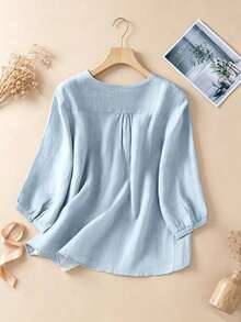 Vintage Embroidered Design Short Sleeve Top, Embroidery V-Neck Casual T-Shirt Blouse, Spring/Summer - Baby Blue - View 2