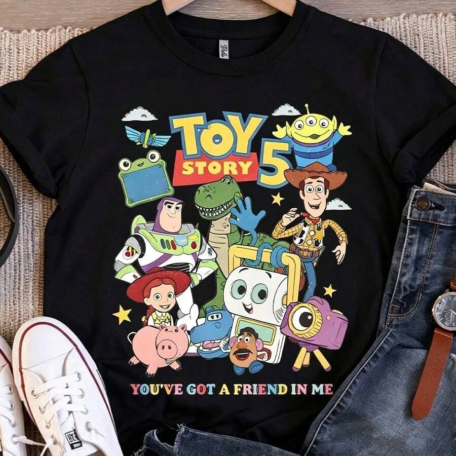 Disney Cotton T-Shirt Disney Toy Story 5 Tee | "You've Got A Friend In Me" Chibi Group Cartoon Graphic Print T-Shirt, Buzz Lightyear Woody Rex - 黑色 - 查看 1