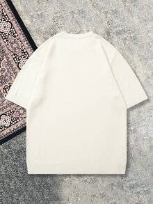 Men's Unisex Round Neck Knit T-Shirt, Casual Versatile Commuter Minimalist Solid Color Round Neck Short Sleeve Loose Pullover Knit Top, Spring/Summer Back To School - Beige - View 4
