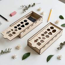 Wooden Style Stationery Storage Pen Holder - Multifunctional Pen Holder Set Includes Wooden Drawing Ruler Set - Geometric Pattern Hollow Template - Creative Ruler Pen Holder - Back To School Handmade Drawing Tools - Multicolor - View 2