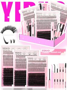 YIDUO 808pcs 3D Lightweight Cluster Eyelash Extension Set, 60D 80D 100D Pointed And Single Eyelashes Large Capacity, Includes 2 Bottles Of Adhesive Sealant And Eyelash Remover, Suitable For Makeup Beginners Home DIY Starter Kit - Multicolor - View 2