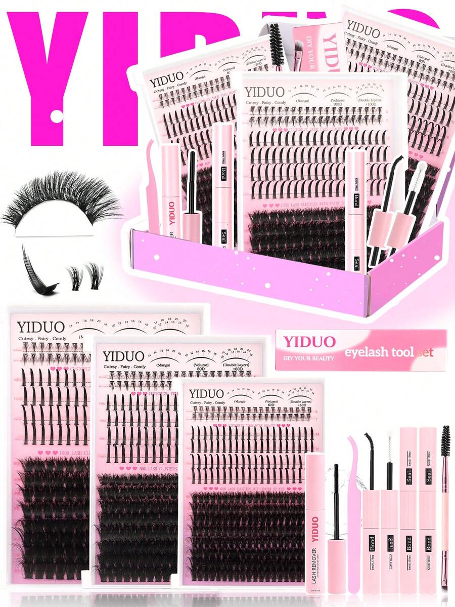 YIDUO 808pcs 3D Lightweight Cluster Eyelash Extension Set, 60D 80D 100D Pointed And Single Eyelashes Large Capacity, Includes 2 Bottles Of Adhesive Sealant And Eyelash Remover, Suitable For Makeup Beginners Home DIY Starter Kit