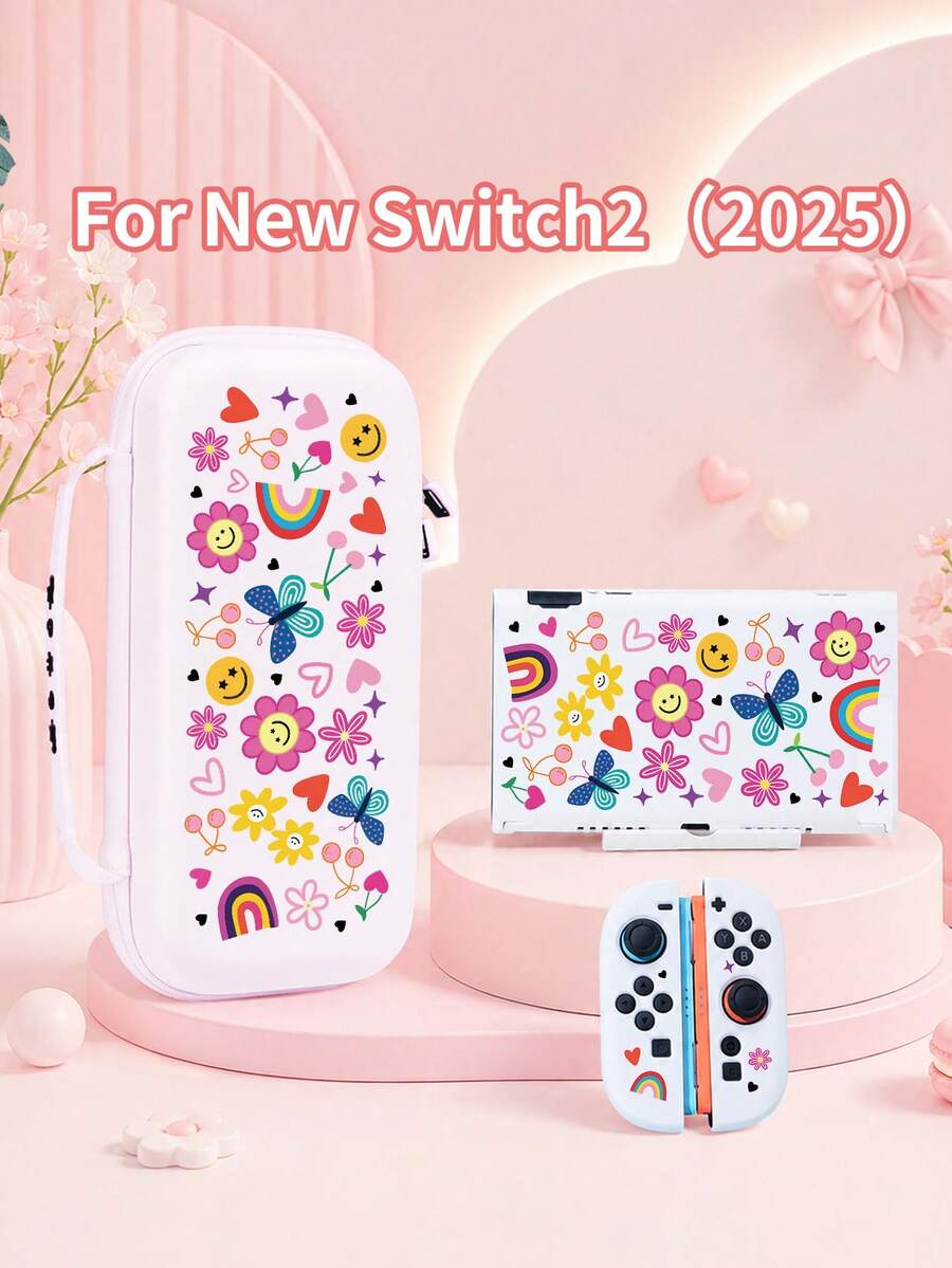 Switch2 (2025) 遊戲主機配件,1個卡通塗鴉印花圖案 Switch2/Switch 遊戲主機保護殼/遊戲卡盒/卡槽底座/遊戲主機防塵罩,相容於 Switch2/SwitchOLED/NS/Lite 遊戲主機保護套,附殼可放入底座充電,可開啟主機支架,可拆卸分體式左右控制器外殼 1個,Switch 玩家最佳禮物 - 彩色 - 查看 1