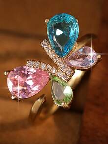 1 pièce Bague élégante et glamour multicolore en forme de papillon avec cubic zirconia cubique, bague ouverte éthérée mignonne pour femme, port quotidien, vacances, voyage, cadeau pour amis - Papillon - Voir 1