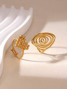 GEREIT 2pcs Fashion Minimalist 18k Gold Plated Stainless Steel Heart Oval Women's Ring Set, Suitable For Daily Wear And Dates - Multiple Styles - View 3