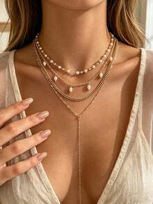 4pcs Fashionable Versatile Faux Pearl Tassel Choker Necklace, Multi-Layer Y-Shaped Necklace Set For Women - Gold - View 1