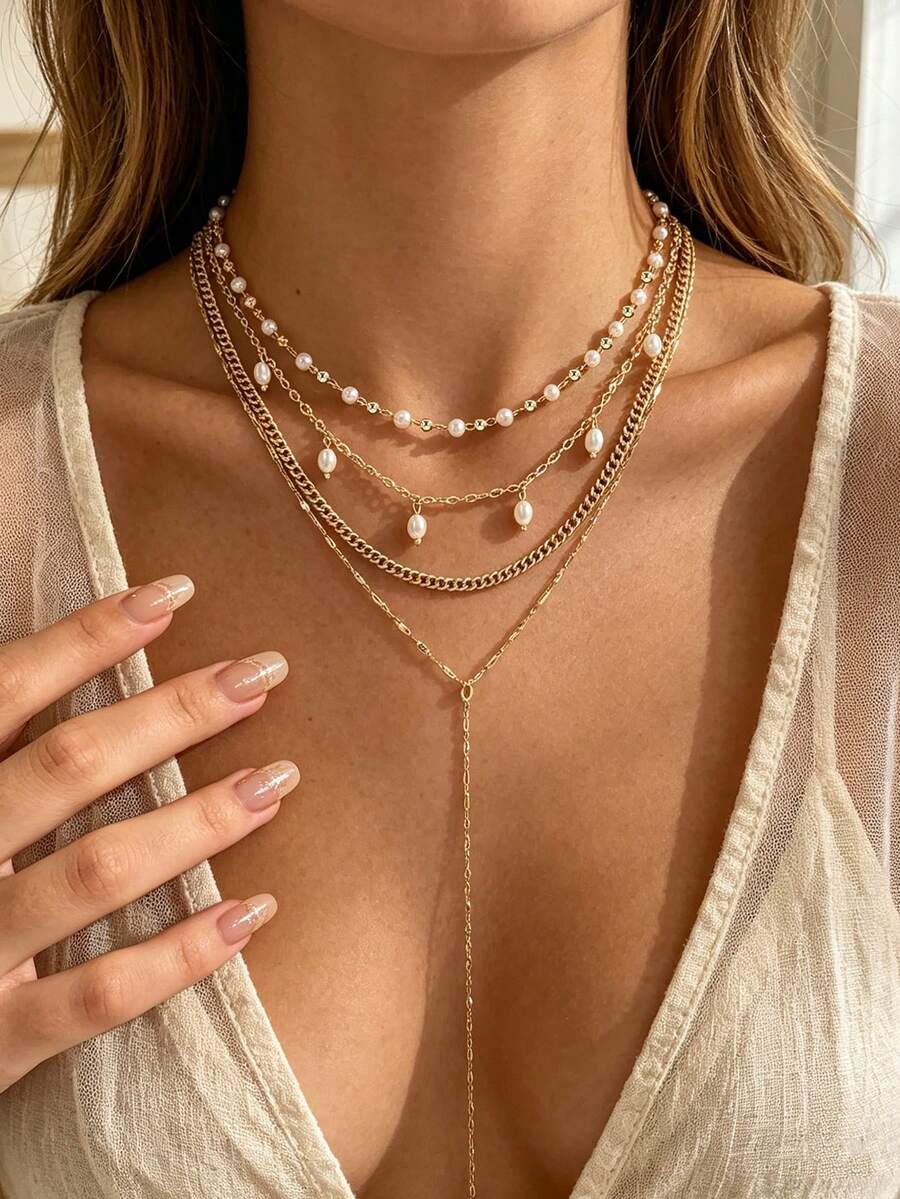 4pcs Fashionable Versatile Faux Pearl Tassel Choker Necklace, Multi-Layer Y-Shaped Necklace Set For Women - Gold - View 1