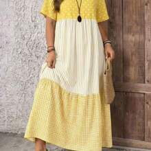 Nana's Women's Clothing Store Rosumi Vestido de verano informal de talla grande con bloques de color, rayas, lunares y estampado a cuadros - Amarillo - Ver 1