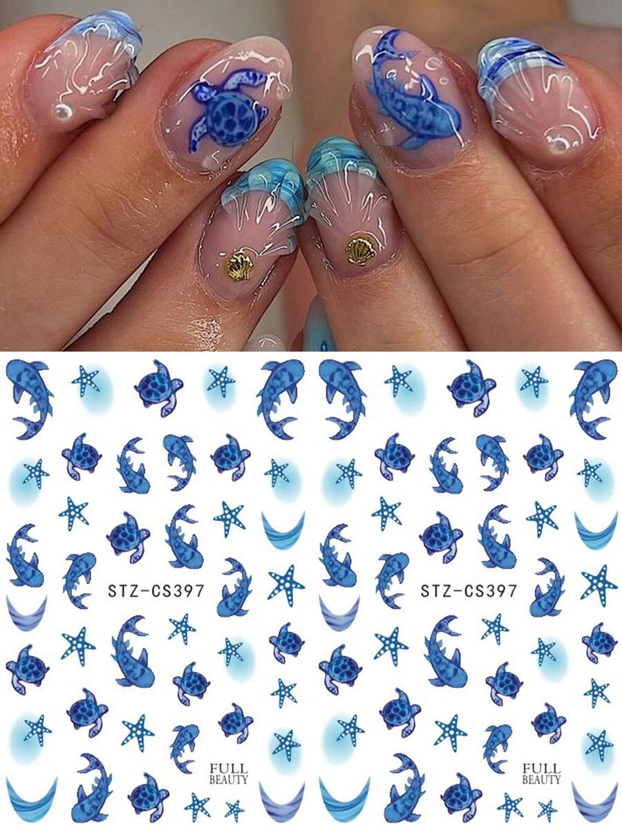2入 3D法式風格鯨鯊海龜美甲貼紙 藍色鯊魚海龜海星黏貼式美甲貼片 夏季海洋系列 DIY美甲裝飾用品 - 彩色 - 查看 1