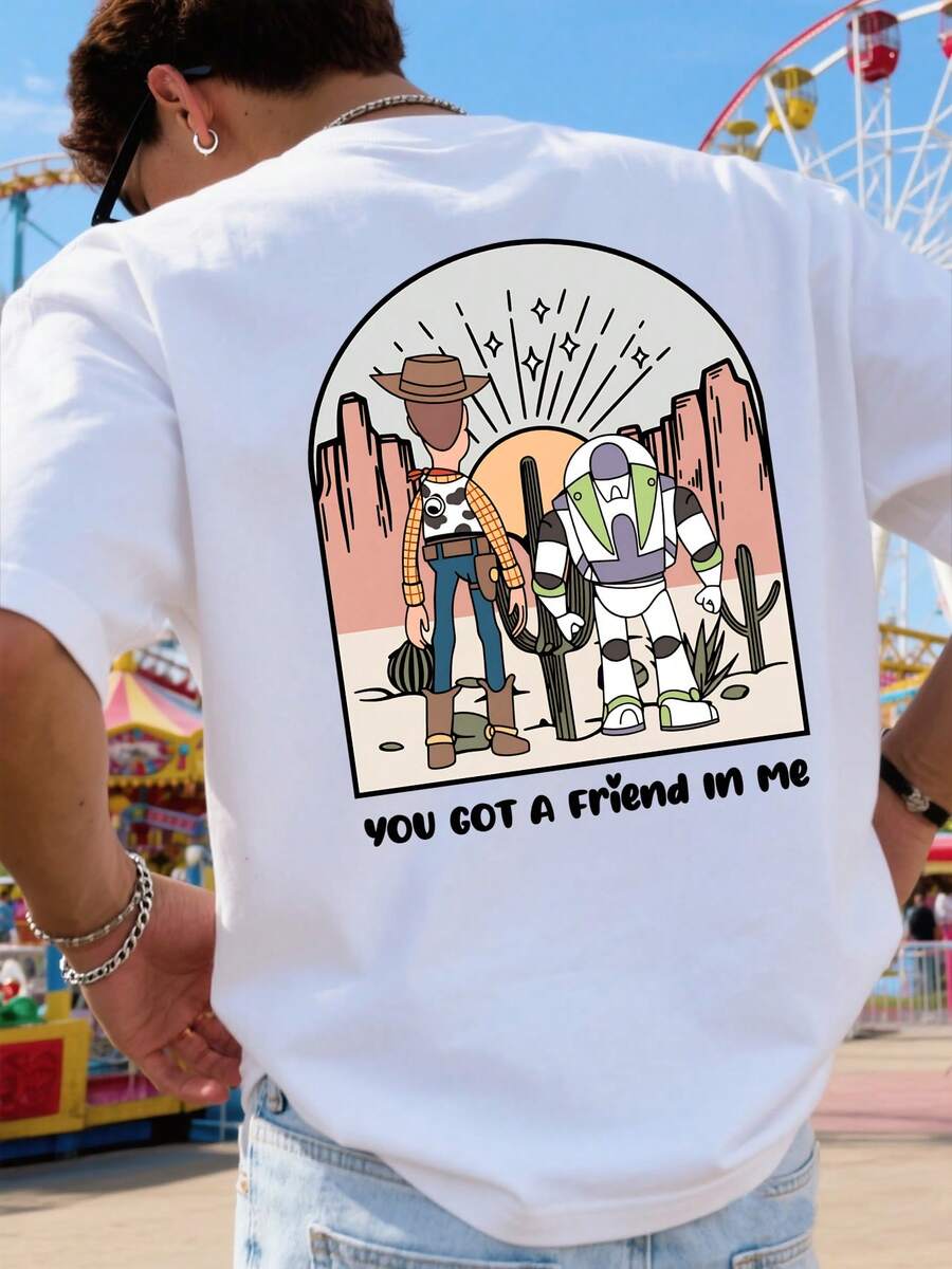 Disney T-Shirts, Toy Story "You Got A Friend In Me" Design, Retro Cartoon Print, Casual Men's T-Shirts, Outdoor Sportswear, Stylish And Versatile, A Must-Have For Theme Park Photos, Partner Outfits, Summer T-Shirts. - 白色 - 查看 1