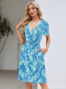 Womens Summer Dresses For Women 2026 Spring Floral Sundress Short Sleeve V Neck Wrap Dress With Pockets Festival Outfits Elegant Dress For Women Dress For Women - 11 藍葉花卉 - 查看 4