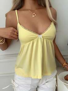 Women's Y2K Style Lace Trim Bow Decor Camisole Top, Yellow Casual Shirt Suitable For Street, Date, Office And Home Summer - Yellow - View 7