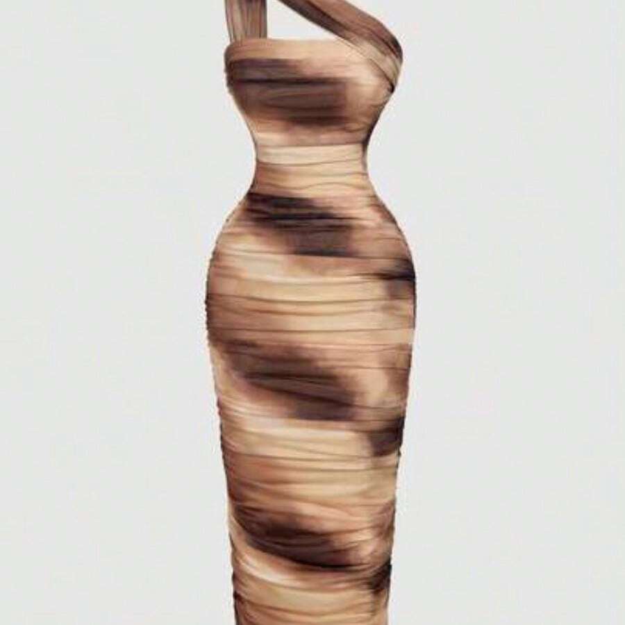 guangzhougaolangshangmao X Belle Mariano MOD Vestido sin mangas con pliegues asimétricos de estilo vintage para mujer - Caqui - Ver 1