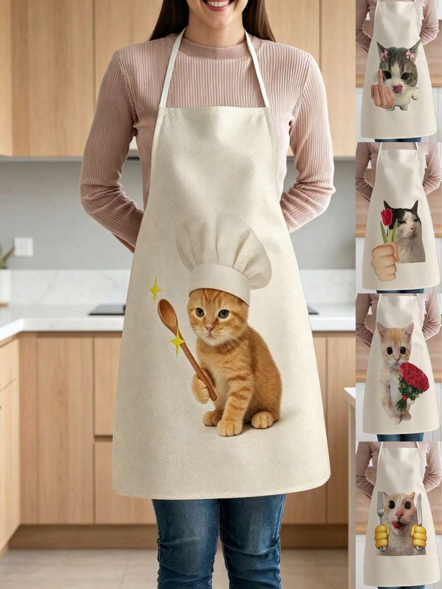 1pc, Cartoon Chef Cat Pattern Polyester Apron, Suitable For Cooking, Baking, And Gardening - Can Be Used As Attire For The Kitchen And Dining. - Multicolor - View 1