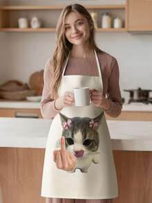 1pc, Cartoon Chef Cat Pattern Polyester Apron, Suitable For Cooking, Baking, And Gardening - Can Be Used As Attire For The Kitchen And Dining. - Multicolor - View 6