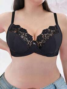 1pc Plus Size Women Non-Wired Lace Underwire Bra, Breathable Non-Slip, High Support, Adjustable Straps, Seamless, Suitable For Daily Wear ﻿ - Black - View 8