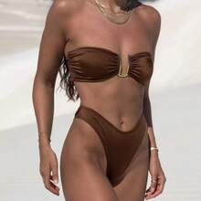 Traje de Baño de Color Sólido y Cintura Alta para Aguas Termales y Playa - Verde Oscuro - Ver 3