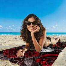 1 pezzo Asciugamano da spiaggia in poliestere vintage con teschio & rosa, tessuto lavorato a maglia, perfetto per spiaggia all'aperto, piscina, bagno, campeggio, viaggio - A - Visualizzare 3