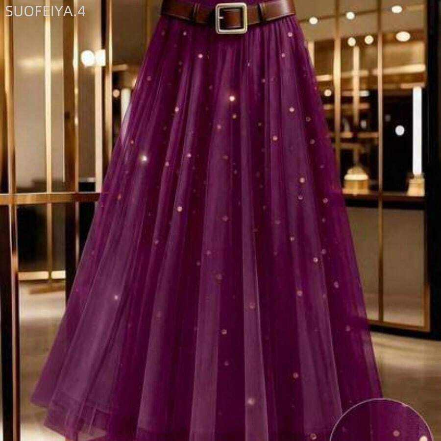 Fengyu Women's Clothing Store Falda de línea A de tul y lentejuelas elegante para mujer, versátil para el trayecto diario, estilo callejero francés, vintage, fiesta, Navidad, Año Nuevo, negocios, degradado marrón, adecuada para primavera, verano, otoño, invierno - Morado - Ver 1