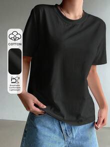Women's Basic Solid Color Short Sleeve T-Shirt, Spring/Summer - Black - View 1