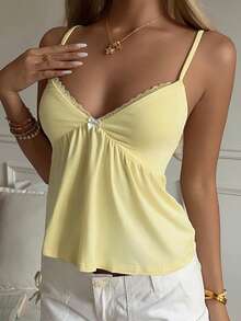 Women's Y2K Style Lace Trim Bow Decor Camisole Top, Yellow Casual Shirt Suitable For Street, Date, Office And Home Summer - Yellow - View 2