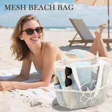 Women's Mesh Beach Bag, Summer Straw Bag, Hobo Pool Bag With Zippered Pocket, Essential For Travel, Holidays And Cruises (2027). - 米色 - 查看 1