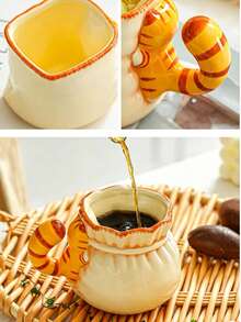 1pc Ins Style Embossed Cat Water Cup, Aesthetic Handmade Ceramic Mug, Suitable For Daily Use - Orange - View 6