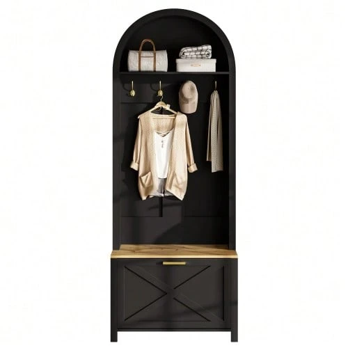 Multifunctional Cabinet With Shoe Rack, Shelf, And Hooks – Entryway Coat Rack, Sturdy MDF Construction, Modern Design, Durable Iron Legs, Practical Storage - 黑色 - 查看 1