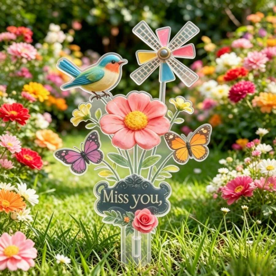 Flower & Bird Pinwheel Acrylic Garden Stake 2D Flat Printed "Miss You" Yard Decor Colorful Flower & Butterfly Lawn Ornament - H - View 1