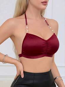 Women's Solid Color Pleated Design Circular Ring Comfortable Bra (Padless) - Burgundy - View 6