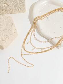 4pcs Fashionable Versatile Faux Pearl Tassel Choker Necklace, Multi-Layer Y-Shaped Necklace Set For Women - Gold - View 4