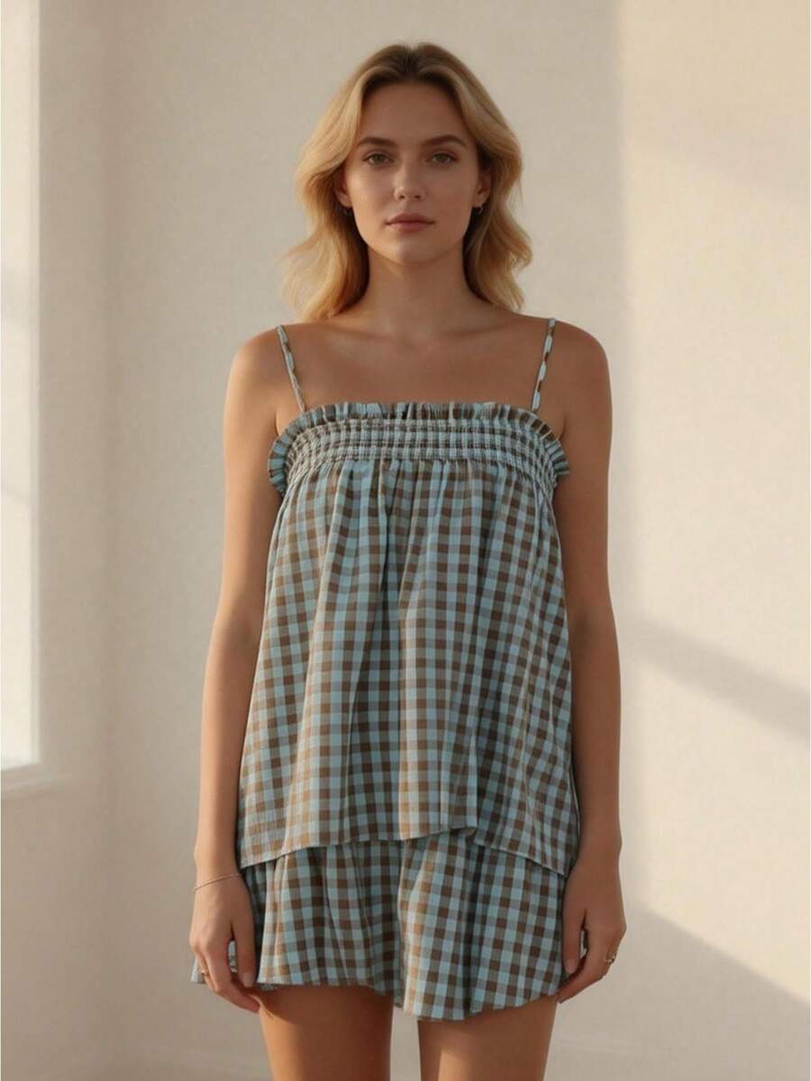 Women's 2 Piece Lounge Outfits Sleeveless Plaid Cami Tank Tops Wide Leg Shorts Sets - Blue-brown - View 1