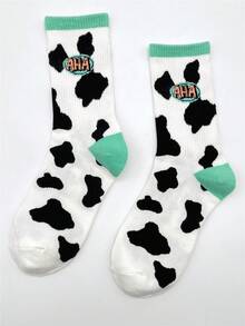 1 par de calcetines de media caña con estampado de vaca y letras de moda para mujer, otoño - Multicolor - Ver 9