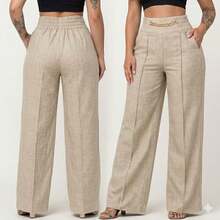 Elegant Women's Linen Trousers With Wide Legs, Studded Belt Detail, High Waist And Ankle Length For A Sophisticated Look. - 米色 - 查看 8