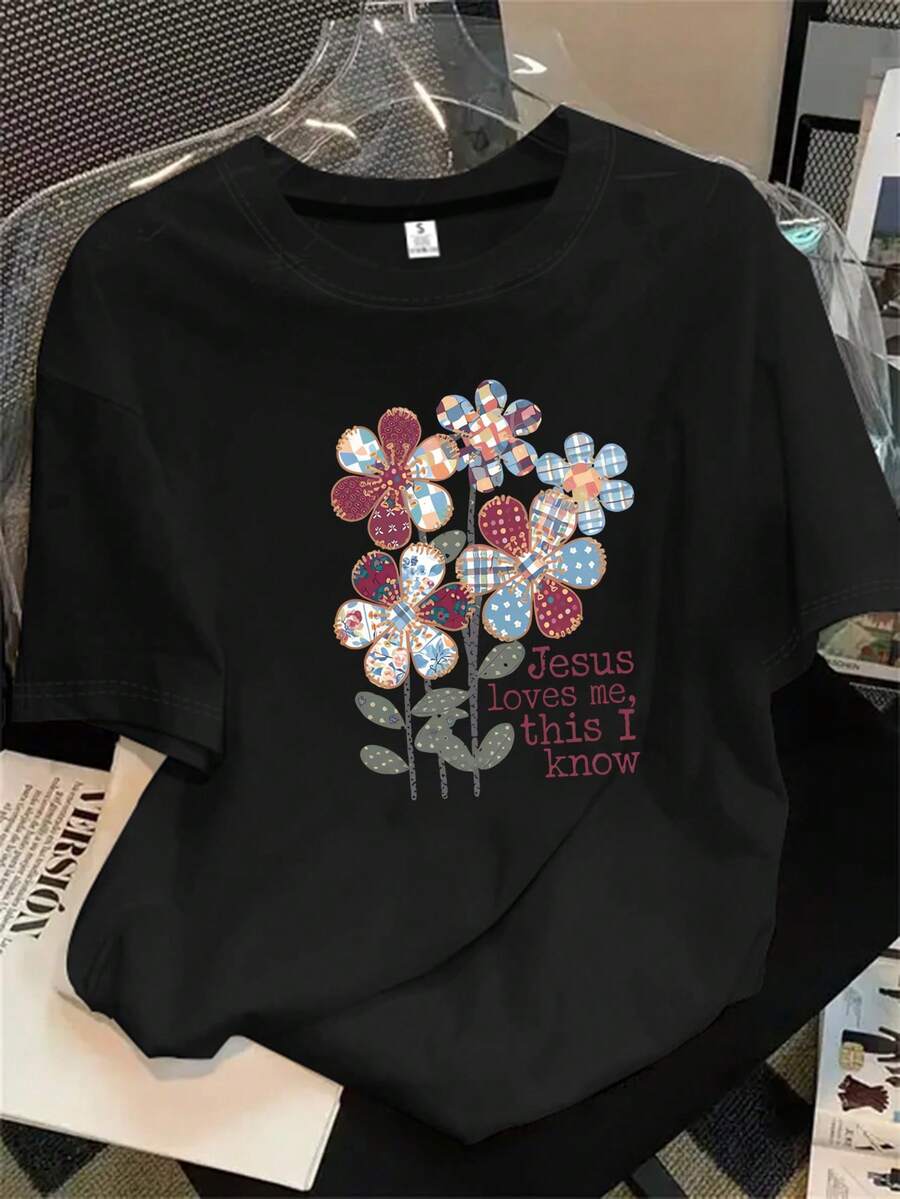 Vestido de mesa de mujer de cuello redondo y manga corta con estampado floral en un jarrón, apto para todas las estaciones. - Negro - Ver 1