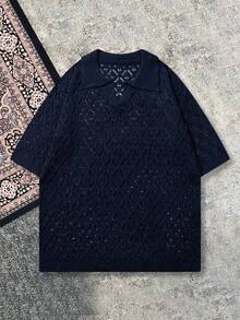 Maglietta in maglia con colletto POLO unisex da uomo, maniche corte, ampia, casual, versatile, per il pendolarismo, con dettagli traforati, primavera estate, ritorno a scuola - Blu Navy - Visualizzare 3