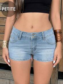 Women's Petite Casual Washed Denim Mini Shorts, Button Detail Design Summer - Light Wash - View 3