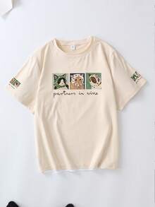 Plus Size Women's Casual Minimalist Cat Print Round Neck T-Shirt, Short Sleeve Suitable For Daily Wear, Beach Vacation; Suitable For Daily Wear, Outing, Travel, Beach, Party, Women's Summer - Apricot - View 2