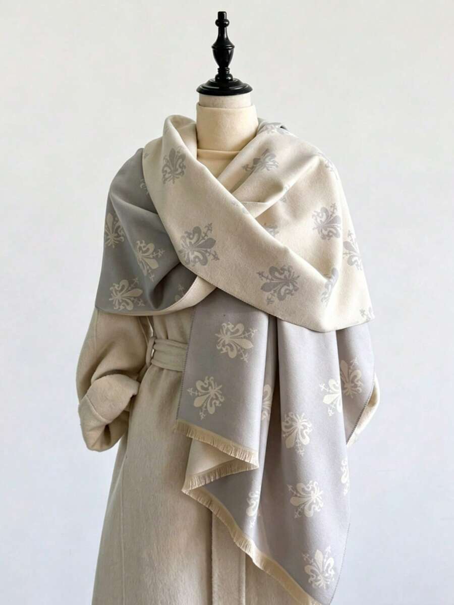 1件仿羊絨極簡優雅鳶尾花圖案提花女式圍巾 - 淺灰色 - 查看 1