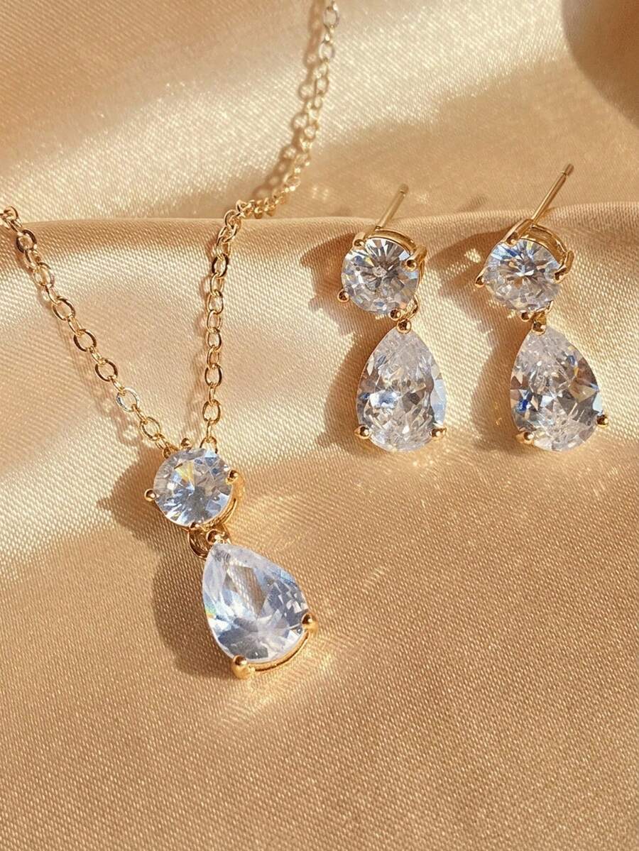 rakol Bộ trang sức nữ 3 món gồm bông tai và dây chuyền bạc phong cách tối giản, đính đá Cubic Zirconia tròn - Vàng - Xem 1