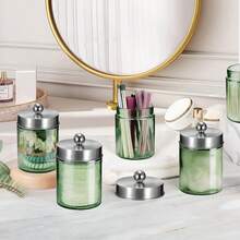 Euuztu Sage Green Qtip Holder, Glass ApothecaryJar Metal Lid & Stickers, Bathroom Qtip Holder Storage Canister, Farmhouse Decor Cotton Balls, Swabs, Makeup Pads, Bath Salt - Niken mài bóng - Xem 5