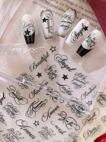Autocollants pour ongles 5D en relief avec lettres cursives, texte noir & étoiles, décalcomanies pour ongles auto-adhésives, esthétique gothique décadente et cool, décoration DIY pour ongles, convient pour salon de manucure à domicile, accessoires pour ongles artificiels, 1 feuille - Noir et Blanc - Voir 9